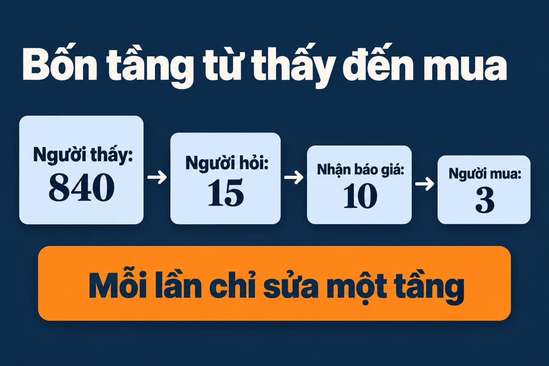 Sơ đồ bốn tầng thu hẹp dần: thấy 840, hỏi 15, báo giá 10, mua 3, hộp cam mỗi lần sửa một tầng