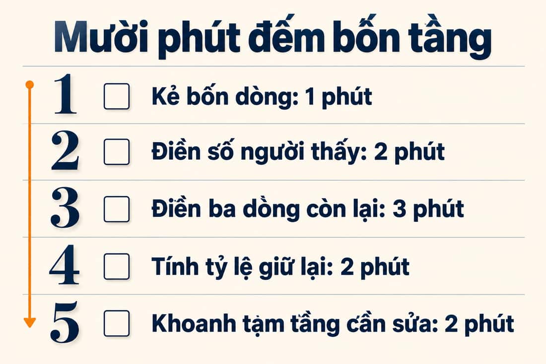 Bảng năm việc trong mười phút để đếm bốn tầng, từ kẻ bốn dòng đến khoanh tạm tầng cần sửa