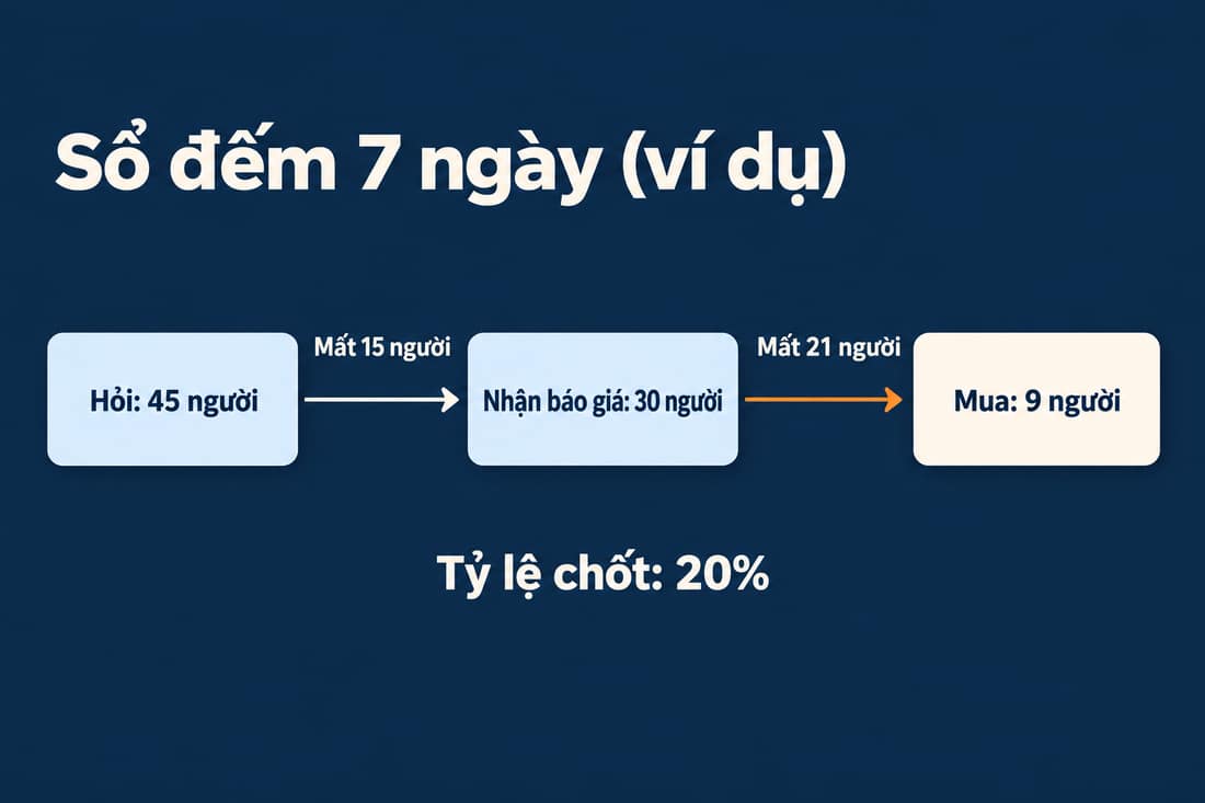 Ba hộp (ví dụ): 45 người hỏi, 30 nhận báo giá, 9 mua; khúc báo giá đến mua mất 21 người