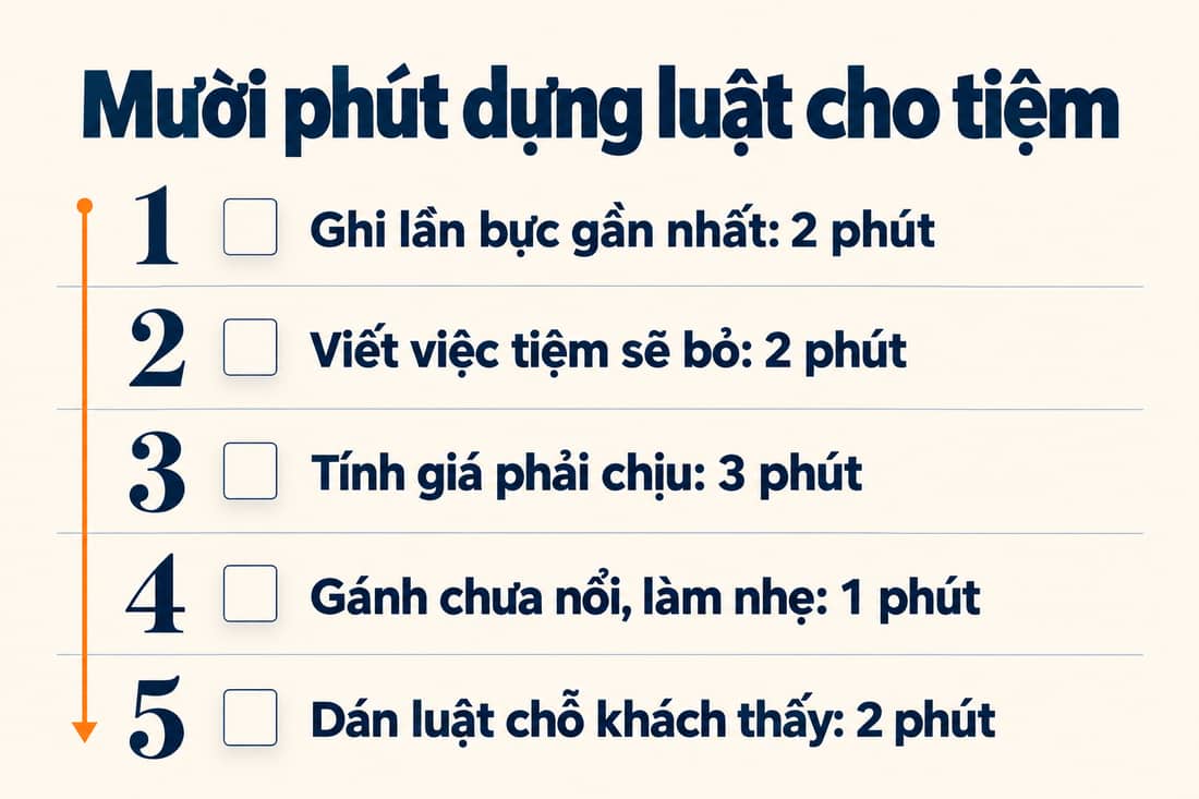 Bảng năm việc trong mười phút để dựng một luật của tiệm, từ ghi lần bực gần nhất đến dán luật