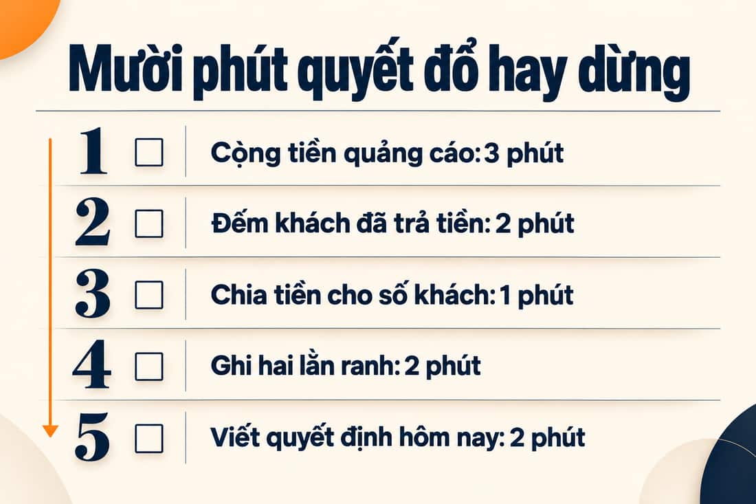 Bảng năm việc trong mười phút để quyết đổ thêm hay dừng, từ cộng tiền quảng cáo đến viết quyết định