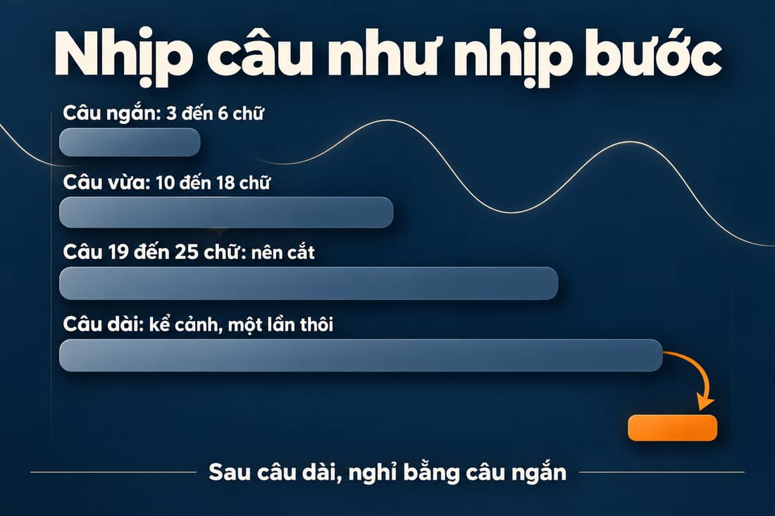 Sơ đồ bốn loại câu: ngắn 3 đến 6 chữ, vừa 10 đến 18 chữ, 19 đến 25 chữ nên cắt, dài chỉ để kể cảnh