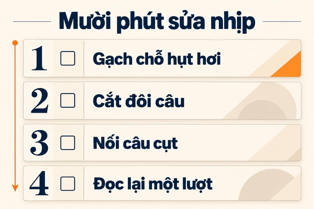Bảng bốn việc sửa nhịp trong mười phút: gạch chỗ hụt hơi, cắt đôi câu, nối câu cụt, đọc lại một lượt