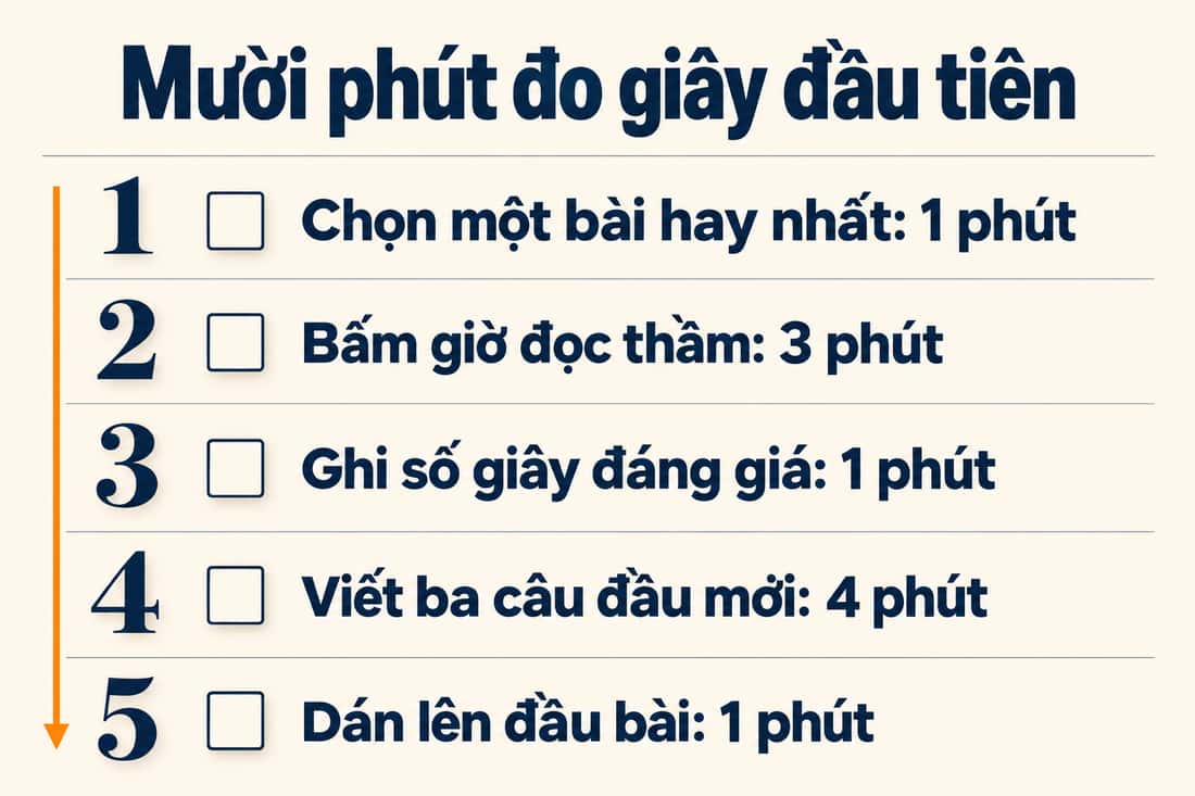 Bảng năm việc trong mười phút để đo giây đầu tiên, từ chọn một bài đến dán ba câu mới lên đầu bài