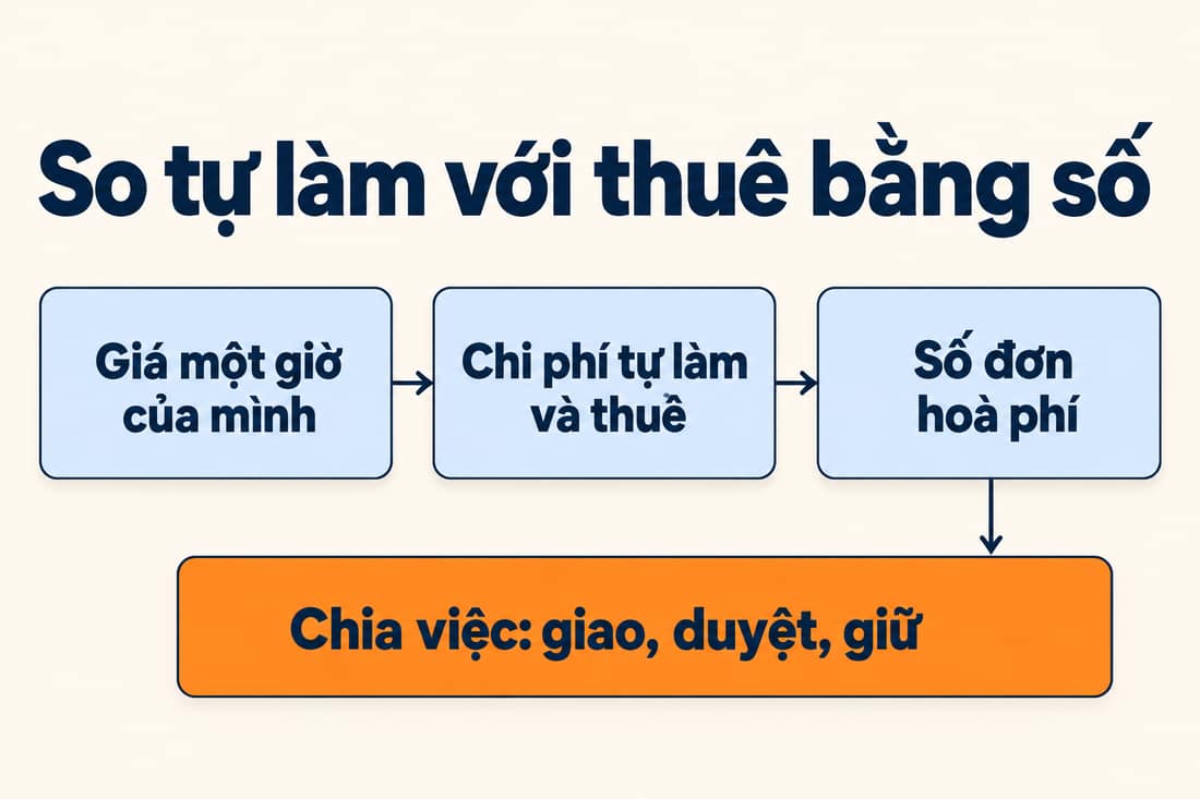 Bốn bước: giá một giờ của mình, chi phí tự làm và thuê, số đơn hoà phí, chia việc giao duyệt giữ