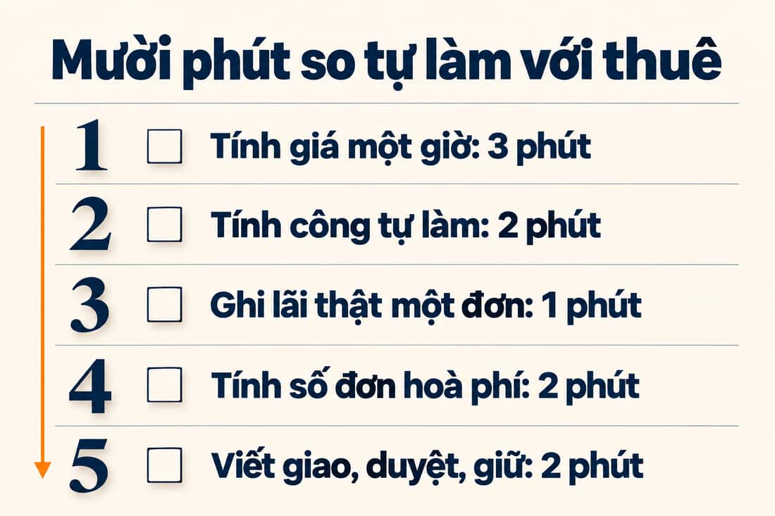 Bảng năm việc trong mười phút: giá một giờ, công tự làm, lãi thật một đơn, số đơn hoà phí, viết giao duyệt giữ