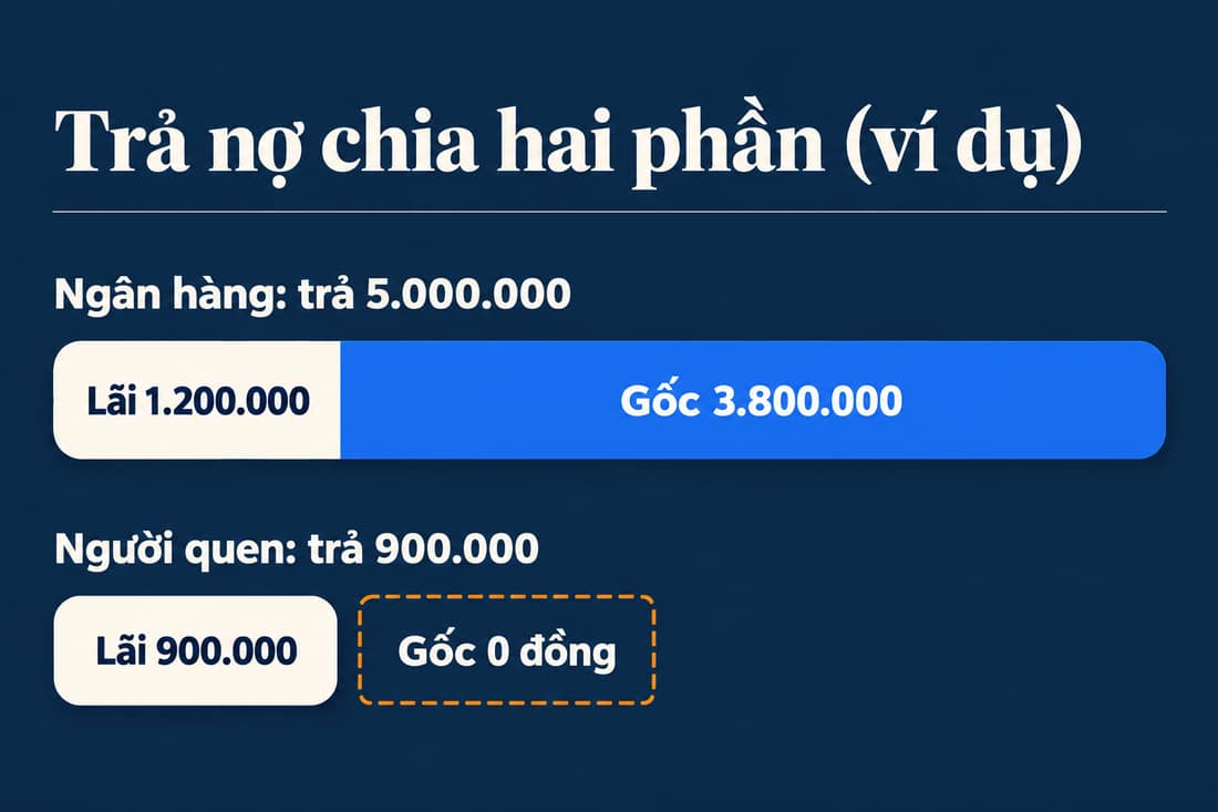 Trả nợ chia hai phần (ví dụ): ngân hàng trả 5.000.000 gồm lãi 1.200.000 và gốc 3.800.000; người quen trả 900.000 toàn lãi, gốc 0 đồng