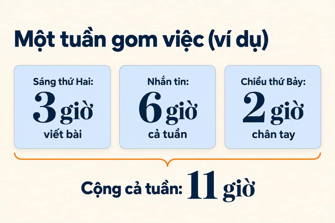 Sơ đồ một tuần (ví dụ): 3 giờ viết bài, 6 giờ nhắn tin, 2 giờ việc chân tay, cộng 11 giờ