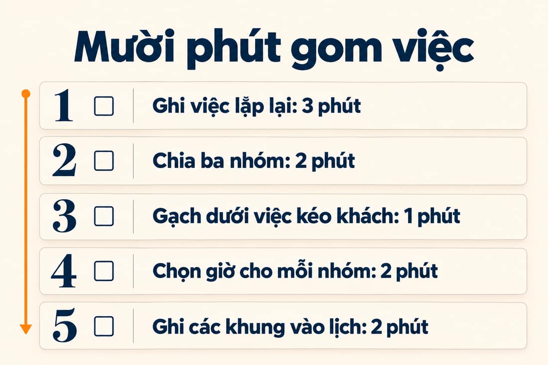 Bảng năm việc trong mười phút để gom việc lặp lại vào các khung giờ