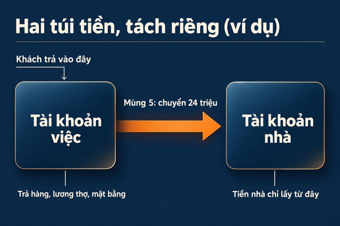 Sơ đồ hai tài khoản (ví dụ): tiền khách vào tài khoản việc, mùng 5 chuyển 24 triệu sang tài khoản nhà