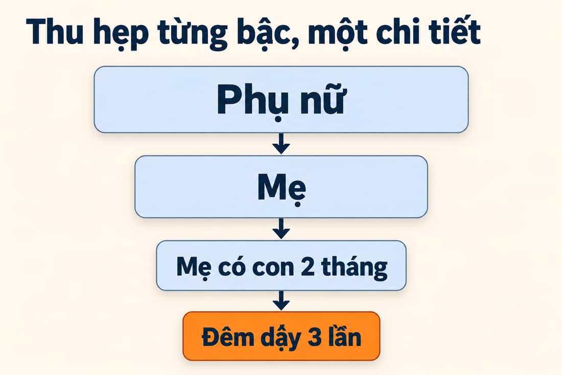 Sơ đồ phễu thu hẹp từ phụ nữ, đến mẹ, đến mẹ có con 2 tháng, đến hộp cam đêm dậy 3 lần