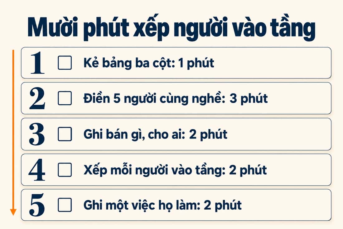 Bảng năm việc trong mười phút để xếp người cùng nghề vào tầng, từ kẻ bảng đến ghi một việc họ làm