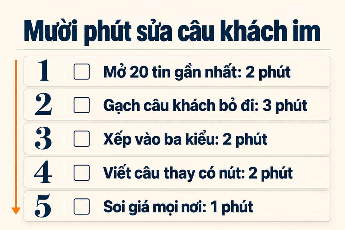 Bảng năm việc trong mười phút để sửa câu làm khách im, từ mở 20 tin đến soi giá mọi nơi