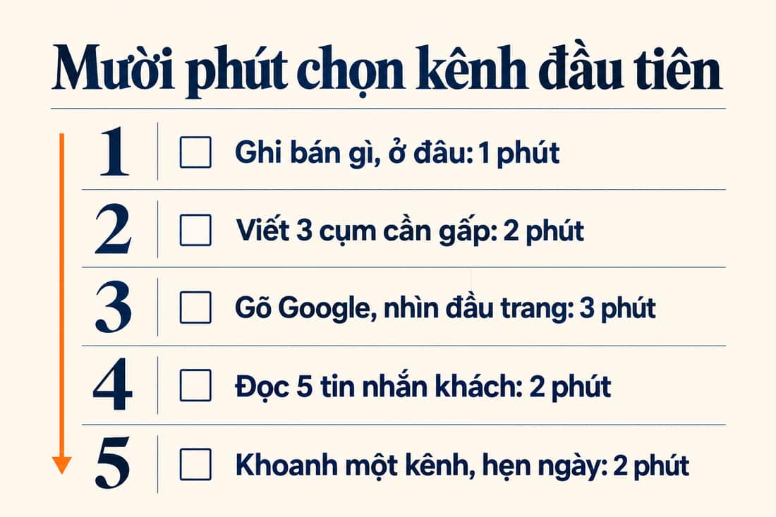 Bảng năm việc trong mười phút để chọn kênh, từ ghi bán gì đến khoanh một kênh và hẹn ngày xem lại