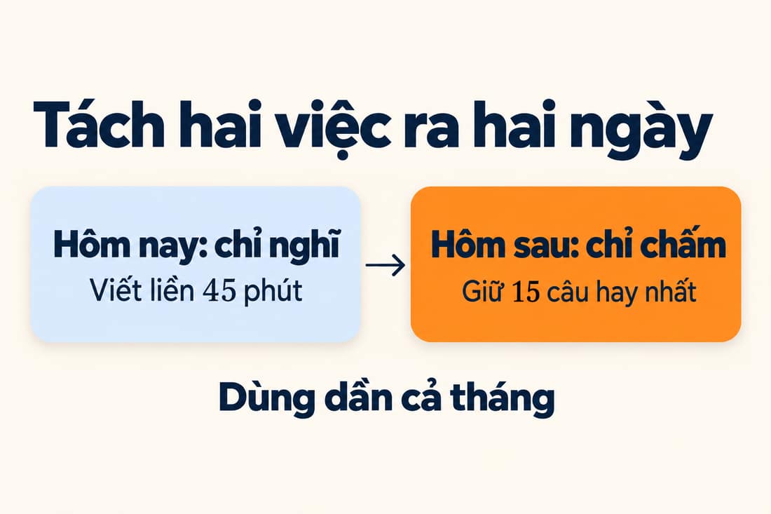 Sơ đồ hai ngày: hôm nay chỉ nghĩ, viết liền 45 phút; hôm sau chỉ chấm, giữ 15 câu; dùng dần cả tháng
