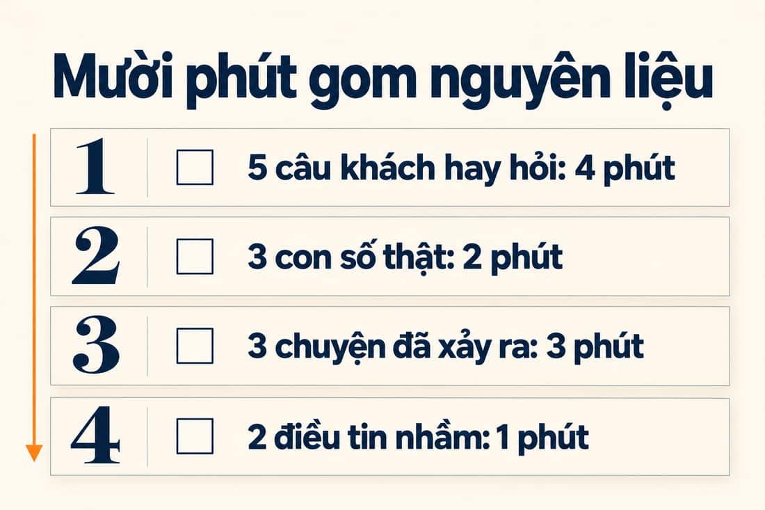 Bảng bốn việc gom nguyên liệu: câu khách hỏi, con số thật, chuyện đã xảy ra, điều tin nhầm