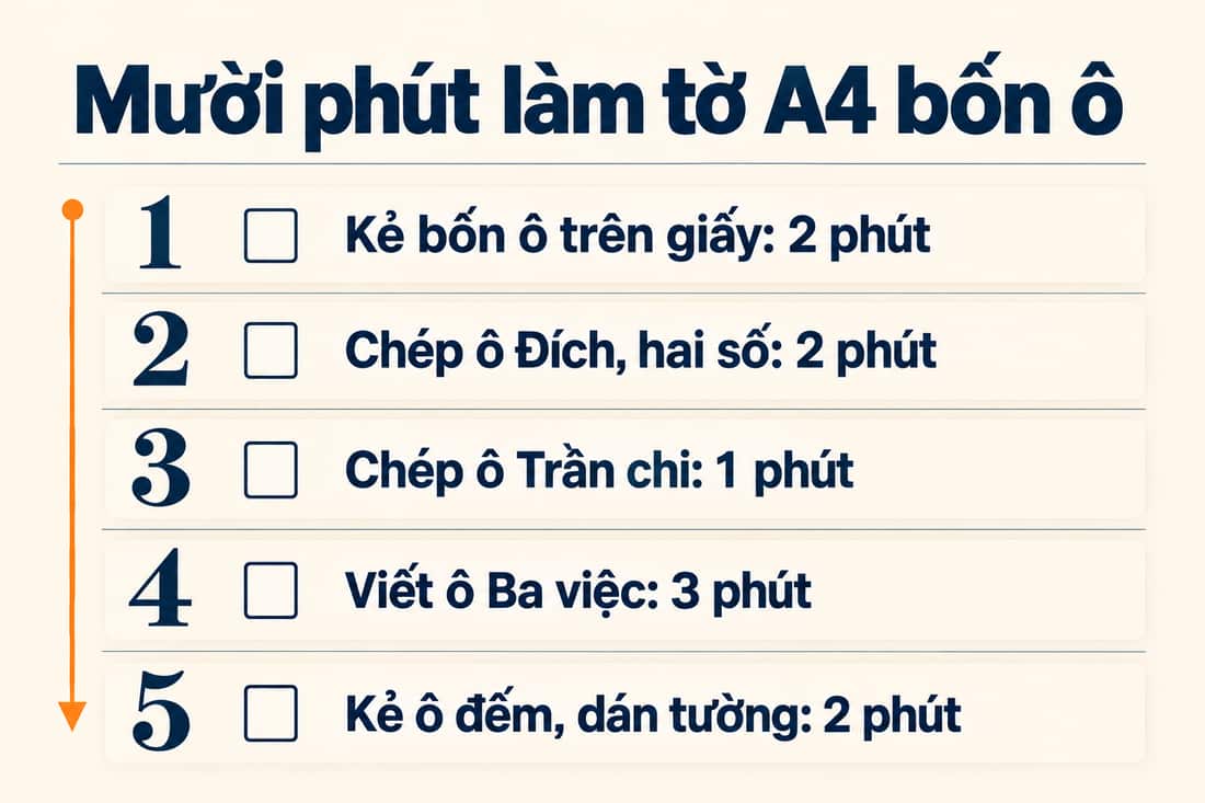 Bảng năm việc trong mười phút để làm tờ A4 bốn ô, từ kẻ bốn ô đến kẻ ô đếm và dán tường