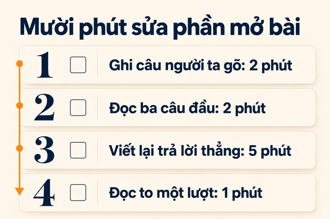 Bảng bốn việc sửa phần mở bài, ghi sẵn số phút
