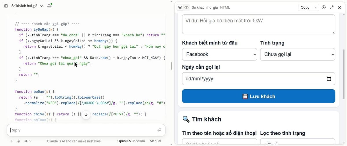 Màn hình Claude sau khi viết xong: bên trái là code, bên phải là Sổ khách hỏi giá chạy thử, có nút Copy ở góc