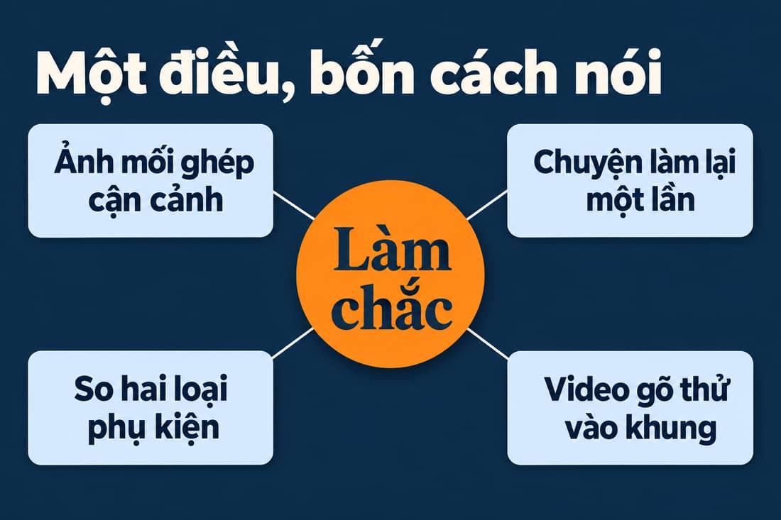 Vòng tròn cam Làm chắc ở giữa, nối bốn hộp: ảnh mối ghép, chuyện làm lại, so hai loại phụ kiện, video gõ thử