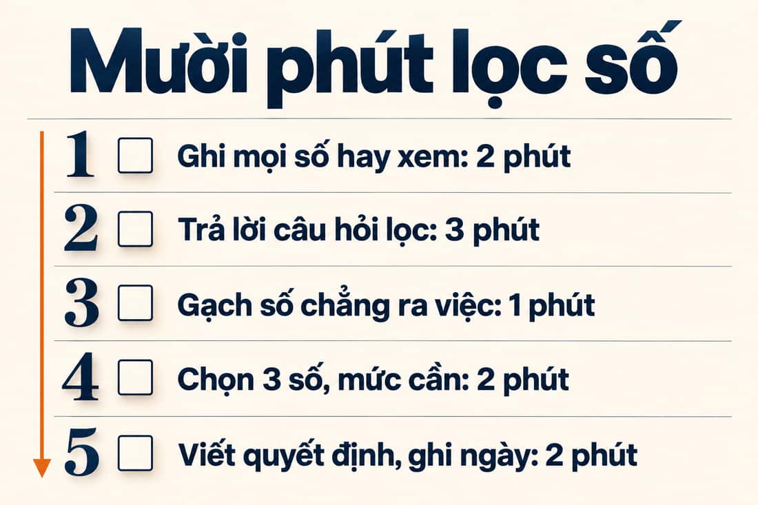 Bảng năm việc trong mười phút để lọc số, từ ghi mọi số đến viết quyết định và ghi ngày xem lại
