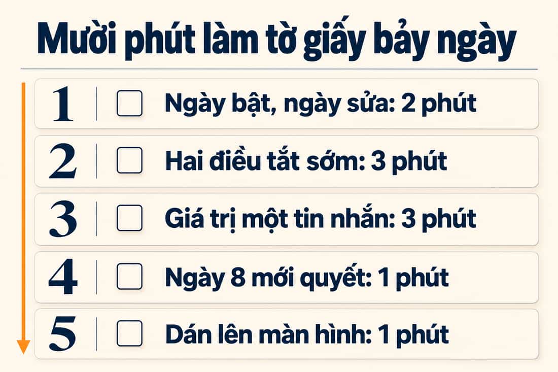 Bảng năm việc trong mười phút để làm tờ giấy bảy ngày, từ ghi ngày bật đến dán lên màn hình