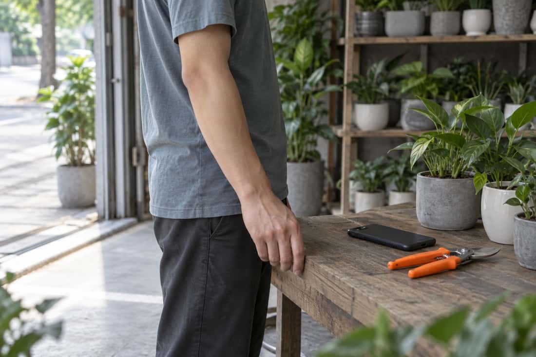 Tiệm chậu cây buổi sáng nhìn ngang: cánh tay và thân người, điện thoại úp trên bàn gỗ, kéo cắt cành cán cam