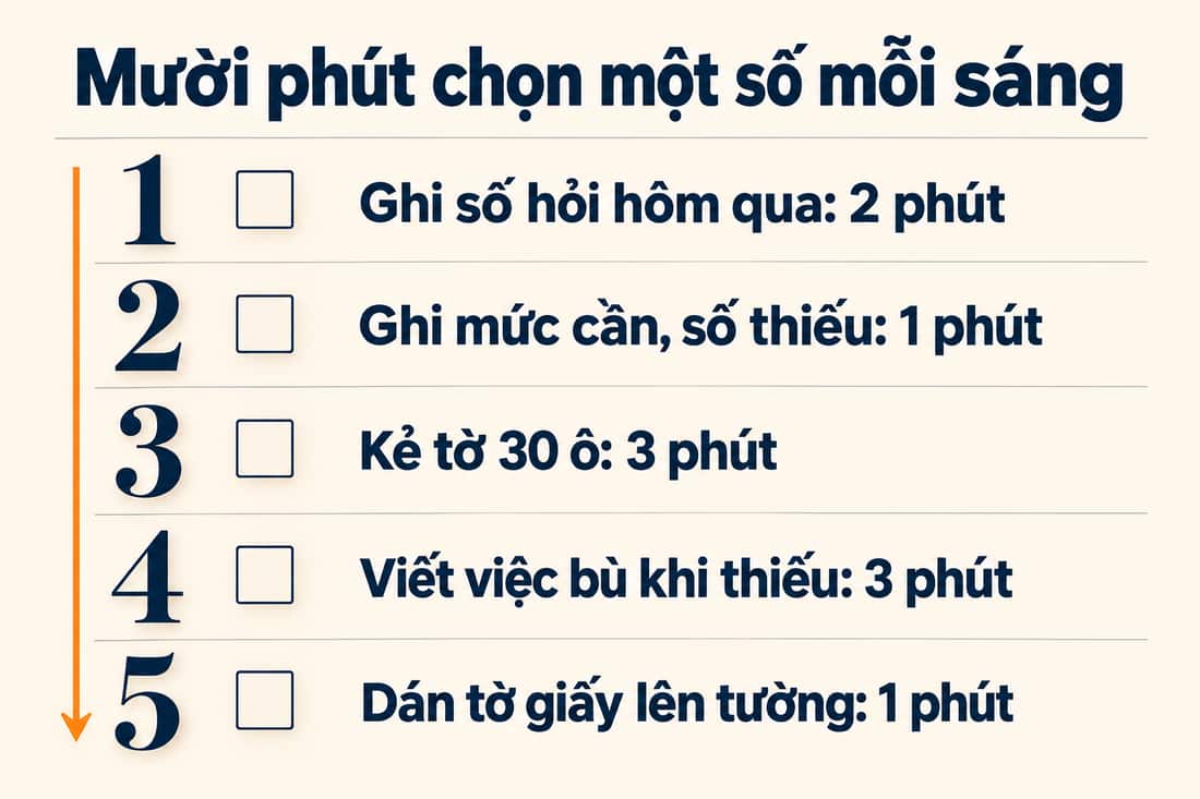 Bảng năm việc trong mười phút để chọn một số mỗi sáng, từ ghi số hôm qua đến dán tờ giấy lên tường