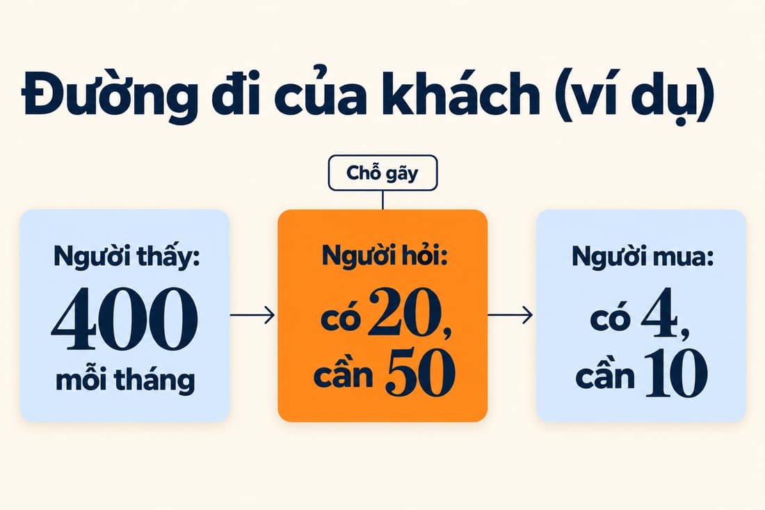 Sơ đồ ba hộp (ví dụ): người thấy 400, người hỏi có 20 cần 50 là chỗ gãy, người mua có 4 cần 10