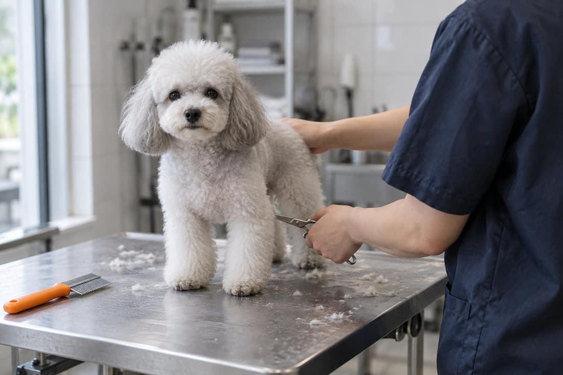 Tiệm chăm thú cưng nhìn từ phía sau vai: tay cầm kéo tỉa lông chú chó poodle trên bàn, lược cán cam