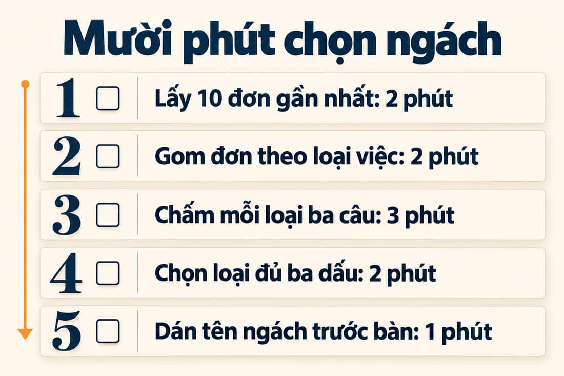 Bảng năm việc trong mười phút để chọn ngách, từ lấy 10 đơn gần nhất đến dán tên ngách trước bàn