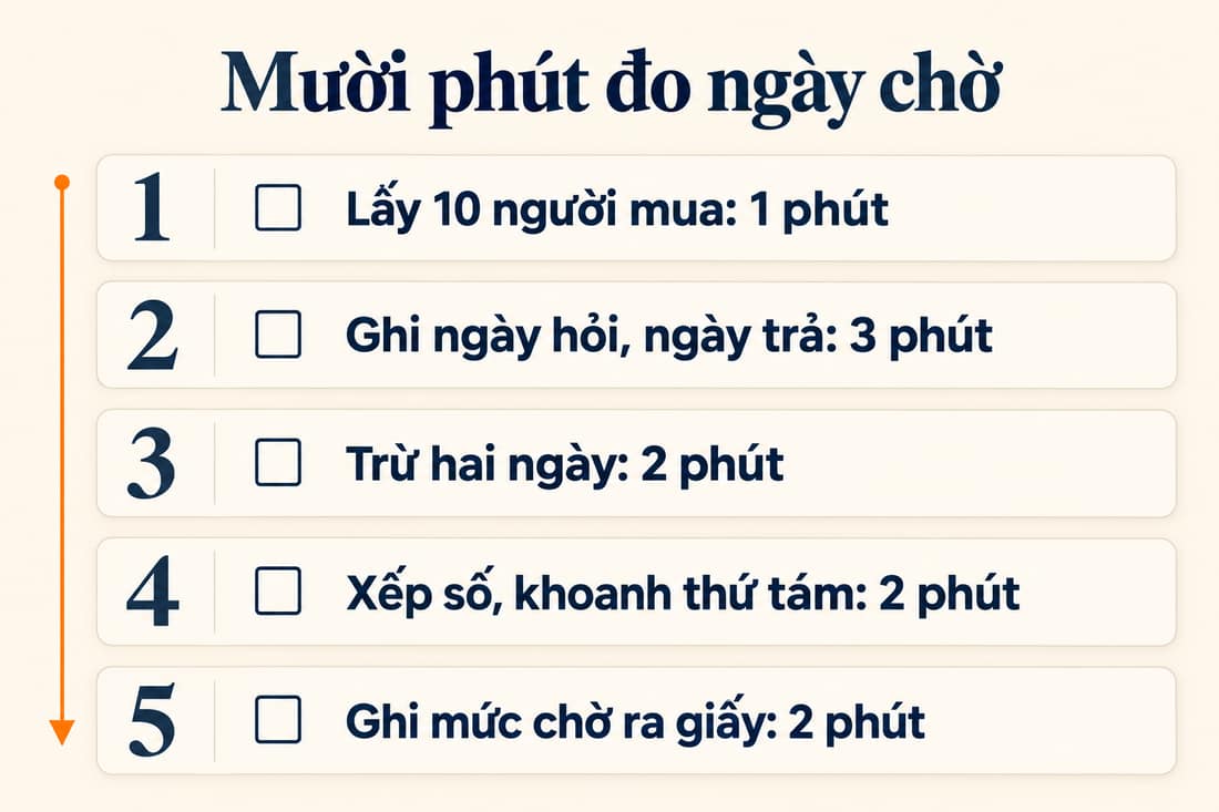 Bảng năm việc trong mười phút để đo ngày chờ, từ lấy 10 người mua đến ghi mức chờ ra giấy