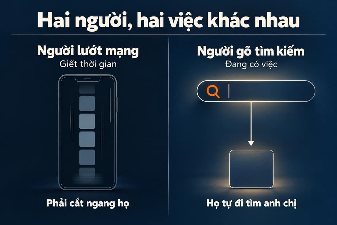 Hai người, hai việc khác nhau: người lướt mạng giết thời gian bị cắt ngang, người gõ tìm kiếm đang có việc tự đi tìm anh chị