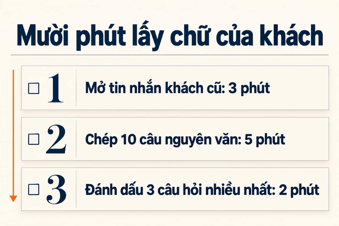 Bảng ba việc lấy chữ của khách trong mười phút, mỗi việc ghi sẵn số phút