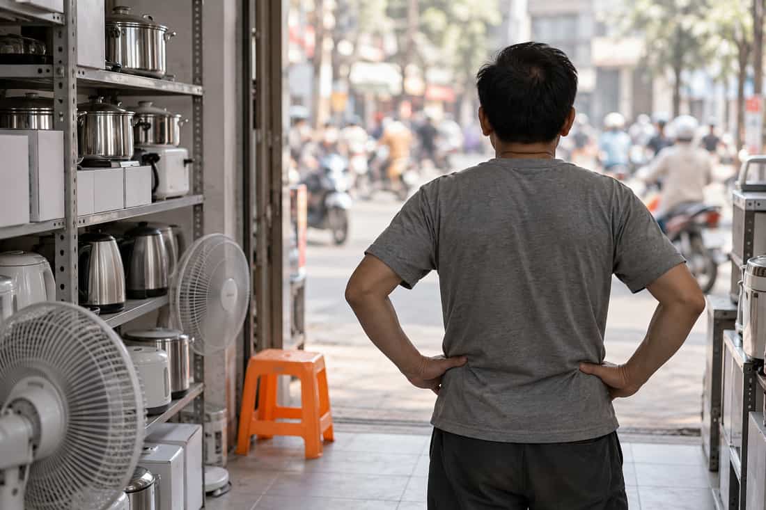 Cửa hàng đồ gia dụng nhìn từ sau lưng người đứng trong cửa, phố đông xe máy phía ngoài, ghế đẩu cam