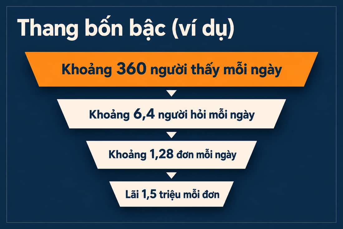 Thang bốn bậc (ví dụ): khoảng 360 người thấy, 6,4 người hỏi, 1,28 đơn mỗi ngày, rồi lãi 1,5 triệu mỗi đơn