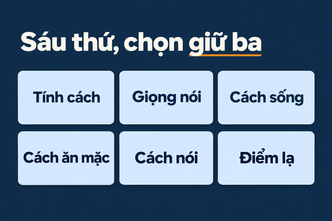 Sơ đồ sáu thứ làm nên người đáng nhớ: tính cách, giọng nói, cách sống, cách ăn mặc, cách nói, điểm lạ