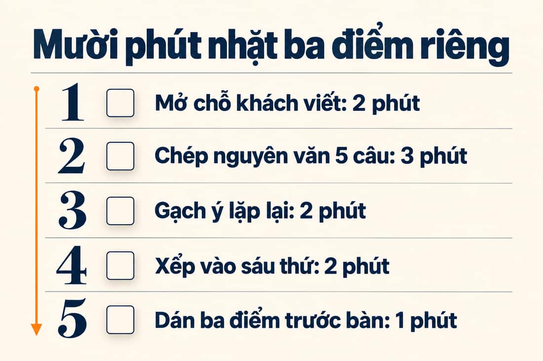 Bảng năm việc trong mười phút để nhặt ba điểm riêng, từ mở chỗ khách viết đến dán ba điểm trước bàn