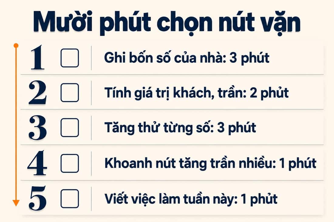 Bảng năm việc trong mười phút để chọn nút vặn, từ ghi bốn số đến viết việc làm tuần này