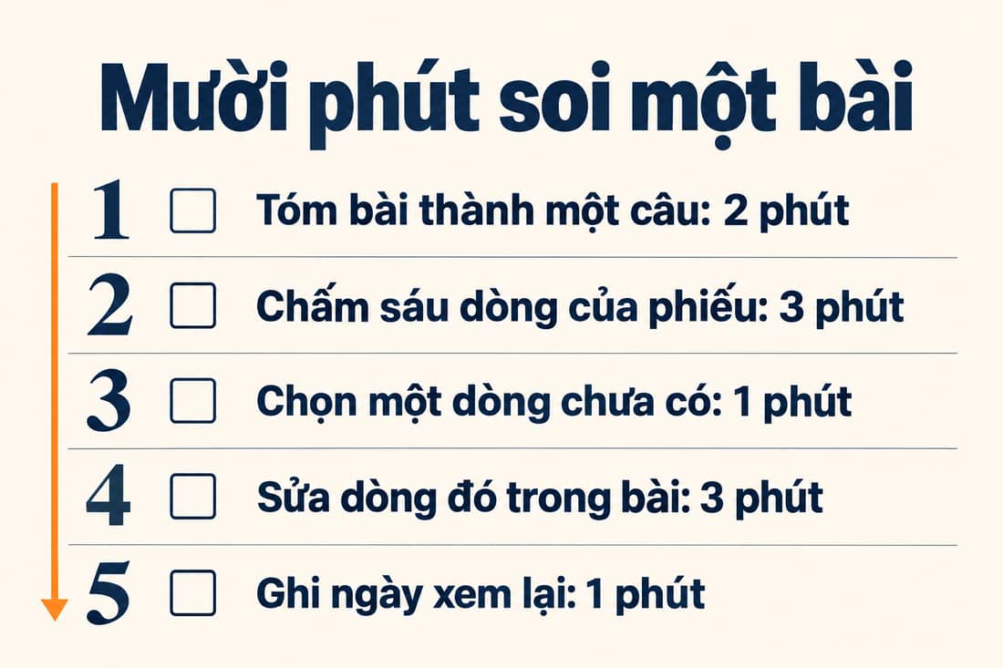 Bảng năm việc trong mười phút để soi một bài, từ tóm bài thành một câu đến ghi ngày xem lại