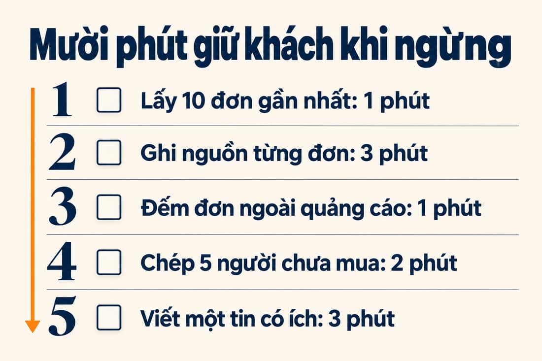 Bảng năm việc trong mười phút: lấy 10 đơn, ghi nguồn, đếm đơn ngoài quảng cáo, chép 5 người chưa mua, viết một tin