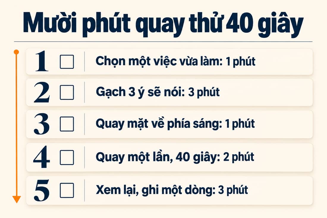 Bảng năm việc trong mười phút để quay thử 40 giây, từ chọn một việc đến xem lại và ghi một dòng