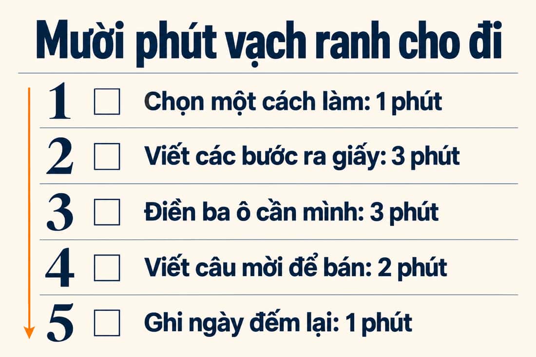 Bảng năm việc trong mười phút để vạch ranh cho đi, từ chọn một cách làm đến ghi ngày đếm lại