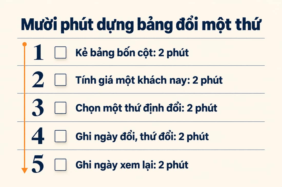 Bảng năm việc trong mười phút để dựng bảng đổi một thứ, từ kẻ bảng bốn cột đến ghi ngày xem lại