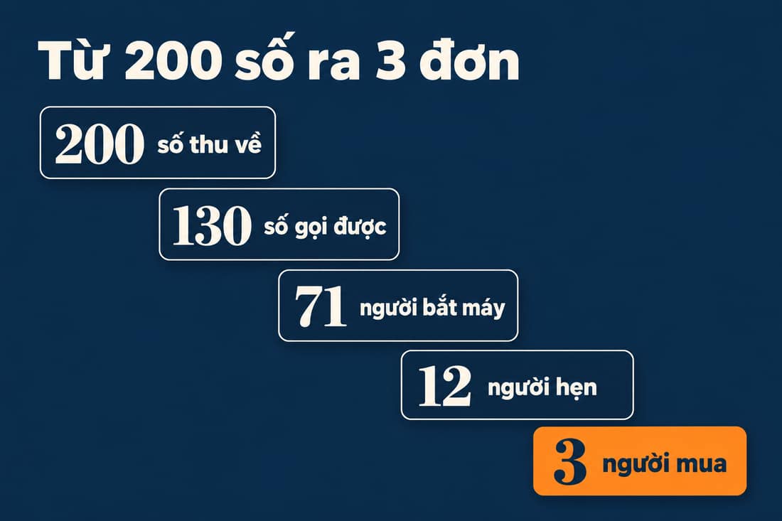Bậc thang đi xuống: 200 số thu về, 130 gọi được, 71 bắt máy, 12 hẹn, 3 người mua tô cam