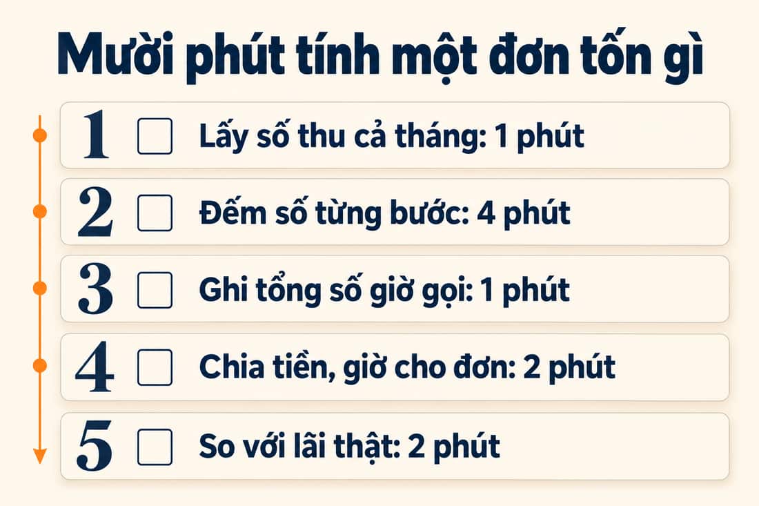 Bảng năm việc trong mười phút để tính một đơn tốn gì, từ lấy số thu cả tháng đến so với lãi thật