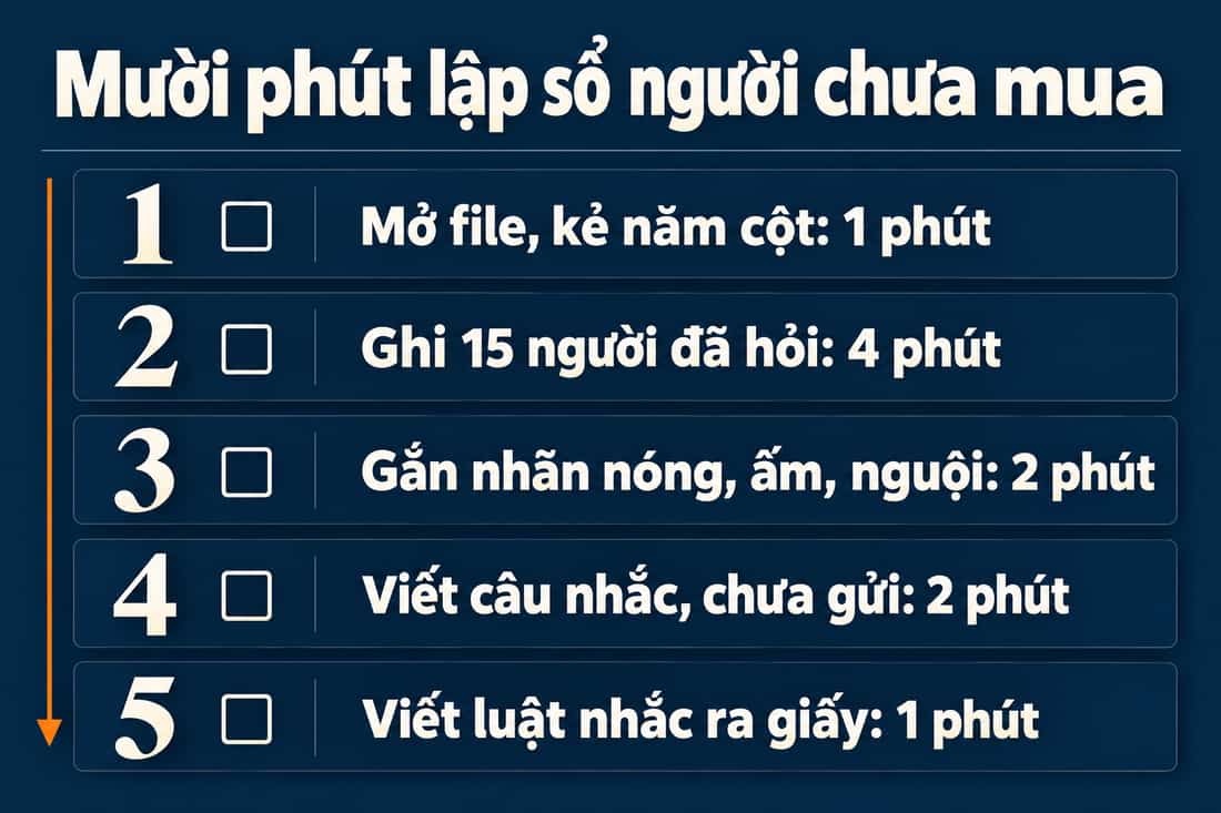 Bảng năm việc trong mười phút để lập sổ người chưa mua, từ kẻ năm cột đến viết luật nhắc