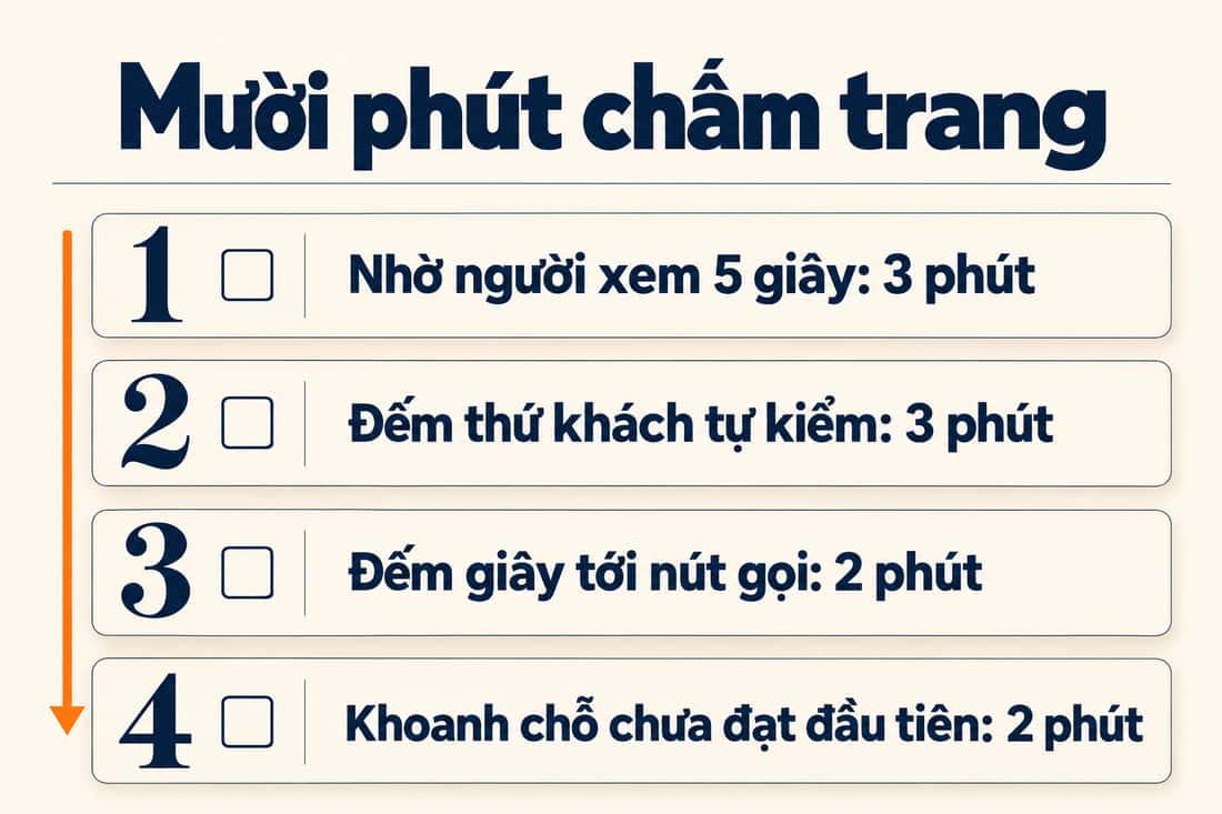 Bảng bốn việc chấm trang trong mười phút, mỗi việc ghi sẵn số phút, việc cuối là khoanh chỗ chưa đạt đầu tiên