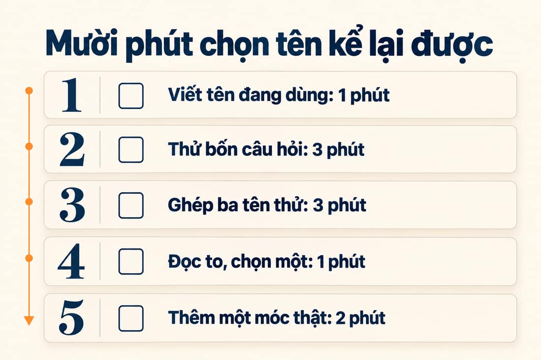 Bảng năm việc trong mười phút để chọn tên kể lại được, từ viết tên đang dùng đến thêm một móc thật