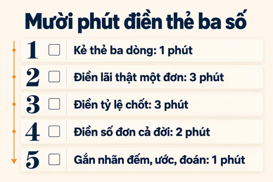 Bảng năm việc trong mười phút để điền thẻ ba số, từ kẻ thẻ đến gắn nhãn đếm, ước, đoán